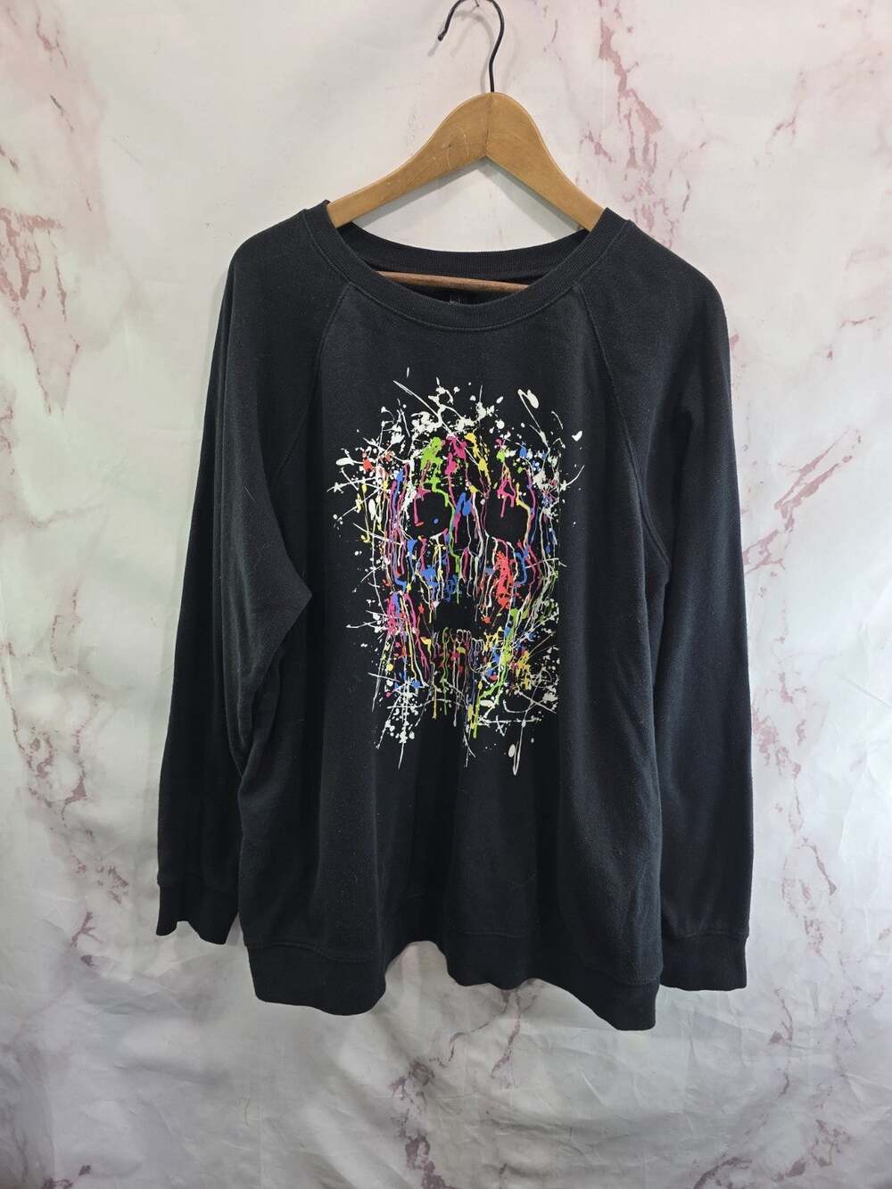 Torrid Sweatshirt Womens 1 1X Black Skull Halloween Goth Rainbow Paint Splatter